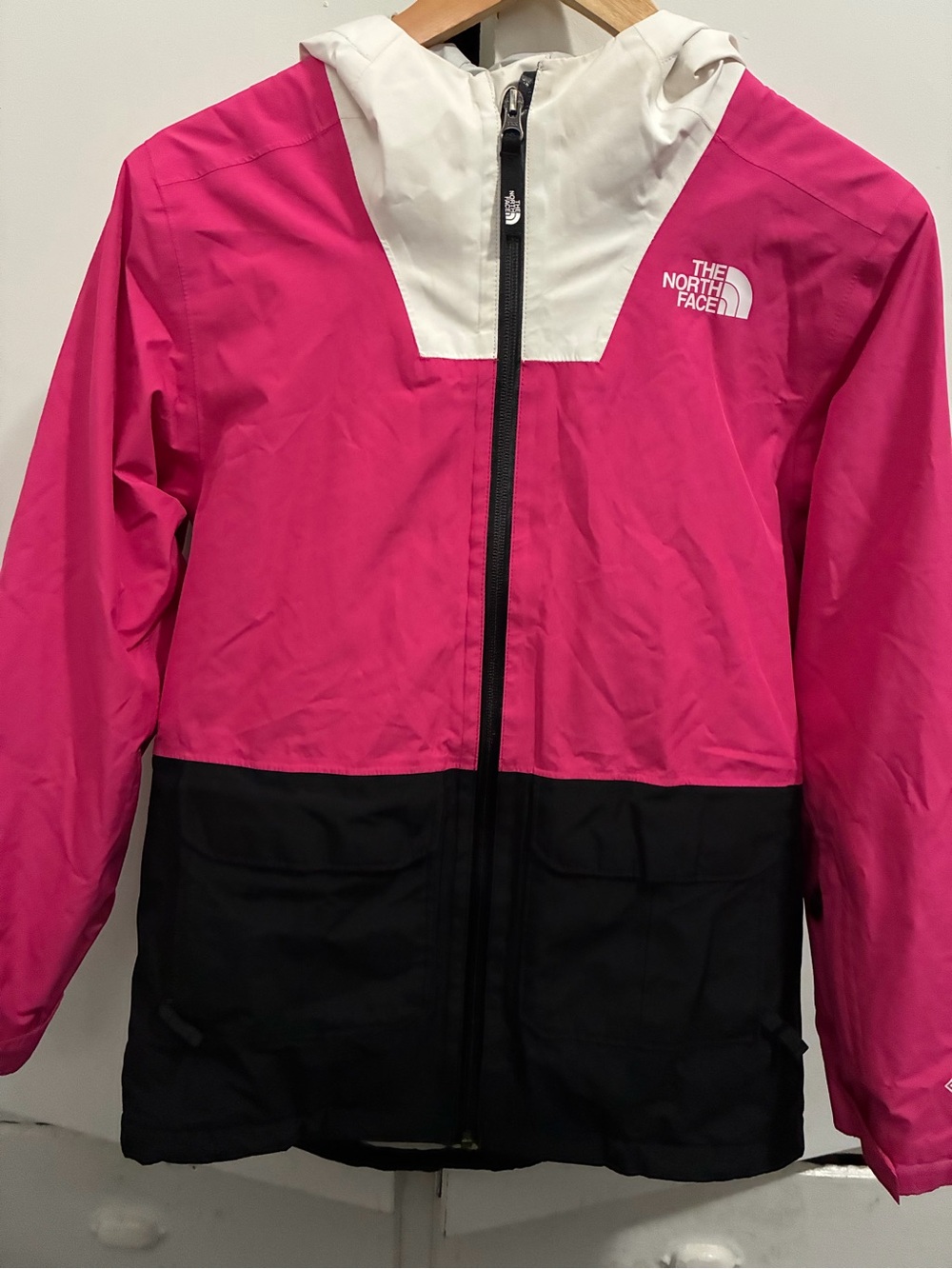 The North Face Kids Pink, White & Black Colorblock Hooded Rain Jacket